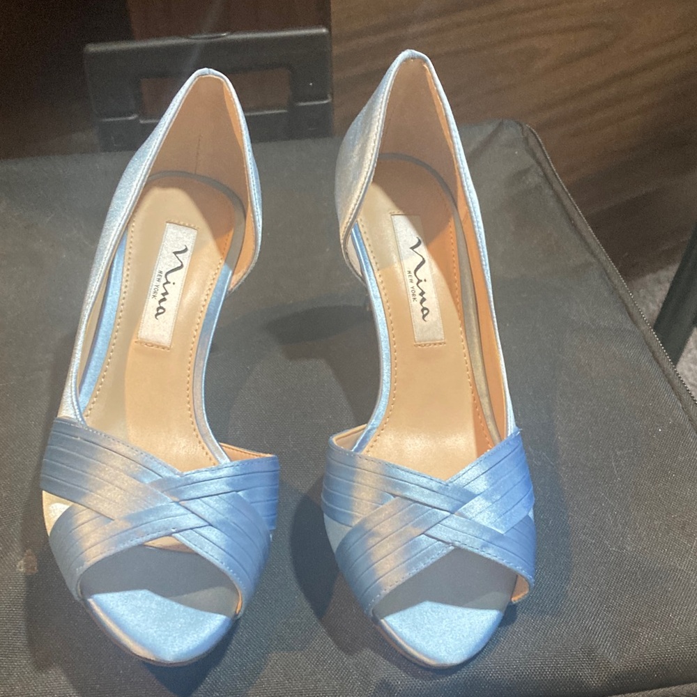 Nina Light Blue Crisscross Peep-Toe Heels